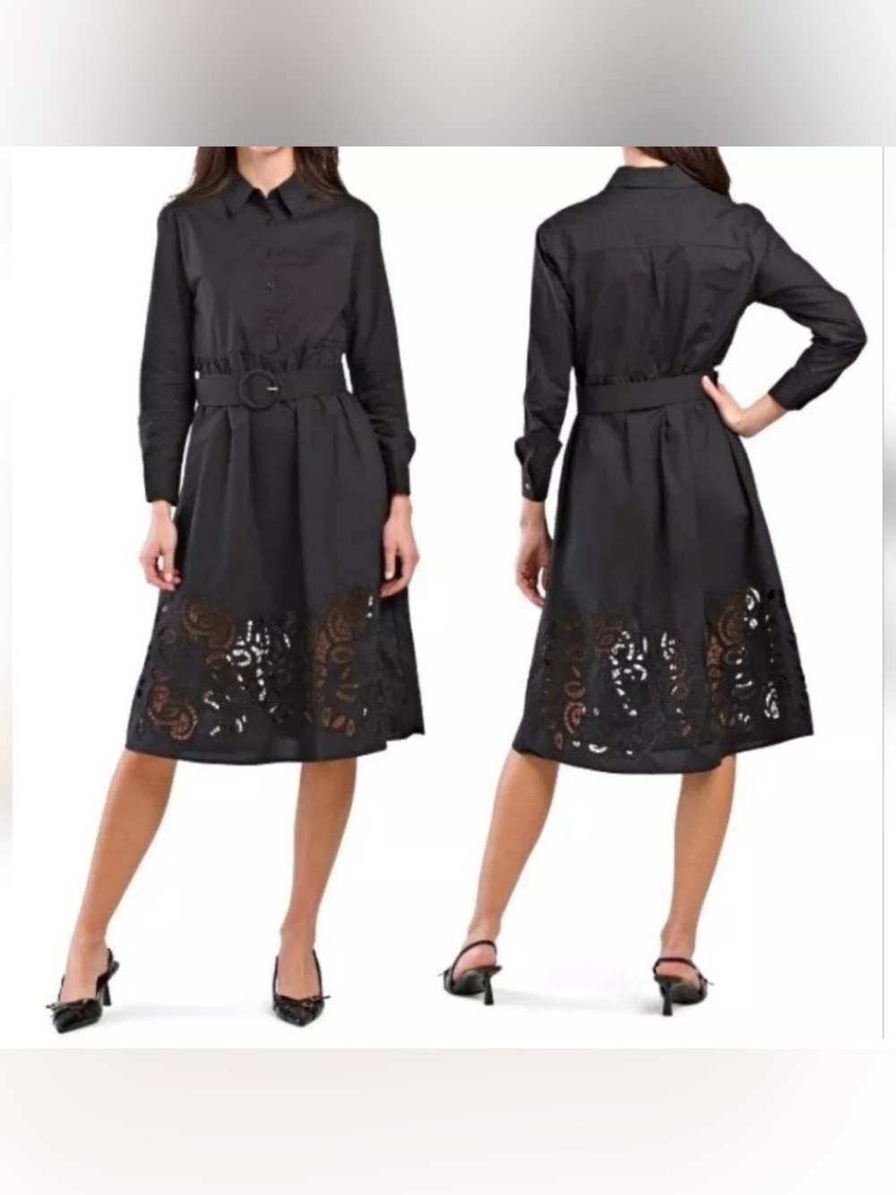 Tahari Cotton Black Long Sleeve Belted Shirt Dress Large